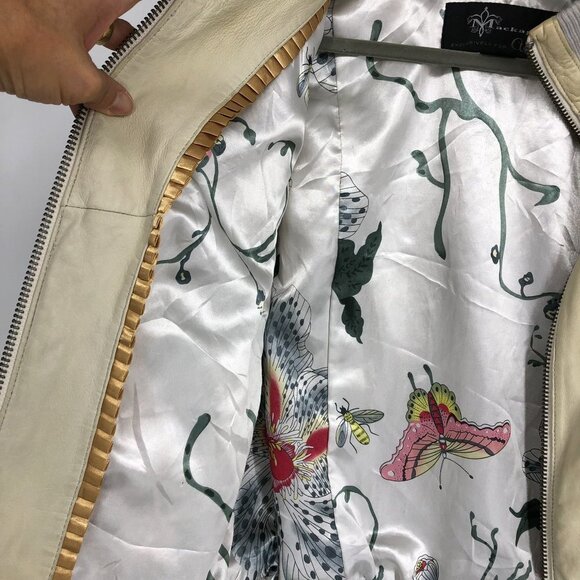 Aritzia Mackage Beige/Cream Lamb leather bomber style moto jacket size L - Picture 9 of 16